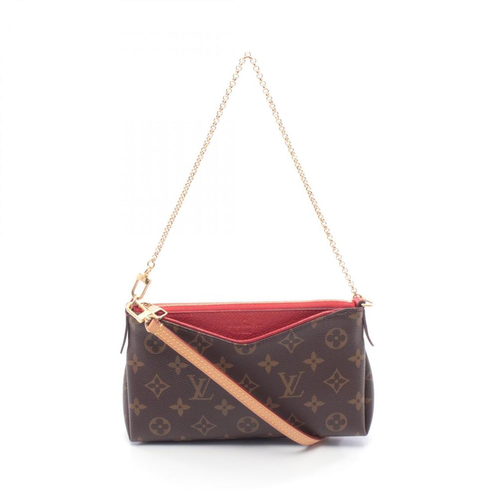 Louis Vuitton Pallas Clutch Handbag Canvas Leather Monogram Brown Red